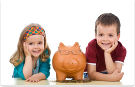 boy and girl smiling with piggy bank