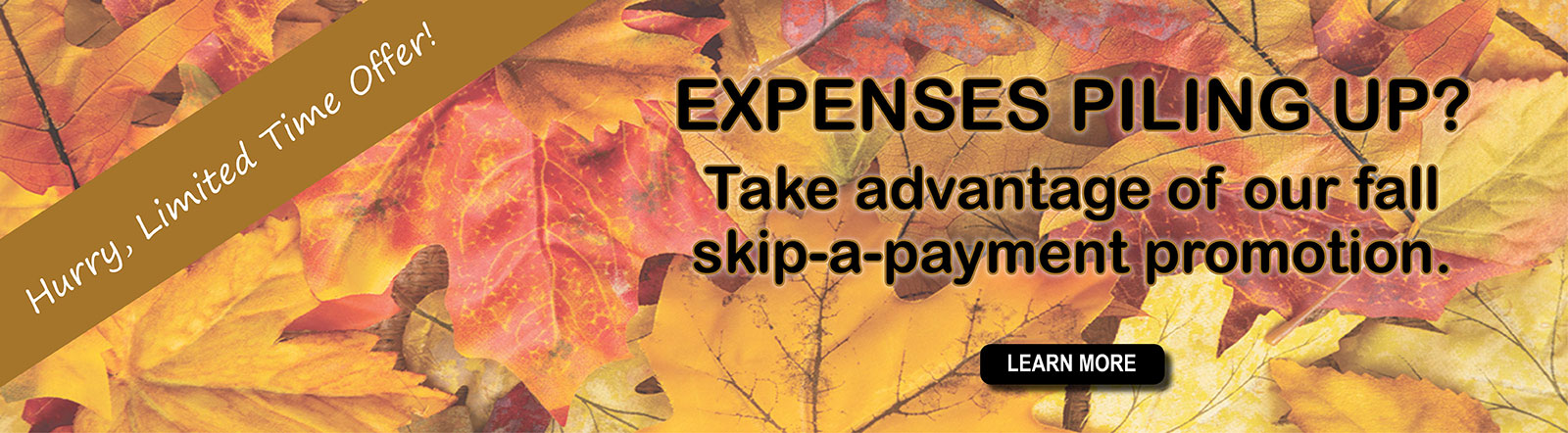 Expenses piling up? Take advantage of our fall skip-a-payment promotion for a limited time.